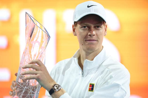 March 29, 2026, Miami Gardens, Florida, USA: JANNIK SINNER (ITA) poses with his trophy after winning his men s singles finals match against JIRI LEHECKA (CZE), at the Miami Open at Hard Rock Stadium in Miami Gardens, Florida. JANNIK SINNER (ITA) won the menÃ¢â‚¬â ¢s singles title after defeating JIRI LEHECKA (CZE) 6:4, 6:4. Tennis 2026: ATP, Tennis Herren Miami Open: Singles Finals: SINNER 6:4, 6:4 LEHECKA  - ZUMAv151 20260329_zsp_v151_105 Copyright: xLorenzoxVasquezx