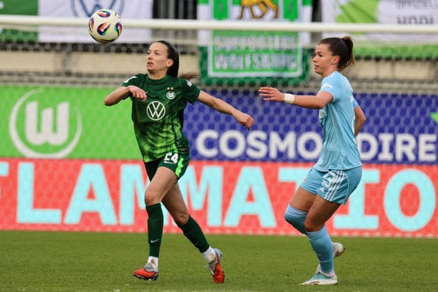 Wolfsburg, Germany 29 March 2026 1 Womens Bundesliga 22 Matchday VfL Wolfsburg vs Union Berlin Pictured from left Joelle Wedemeyer VfL and Nele Bauereisen Union Berlin Copyright: HMBxMedia MadeleinexFantini
