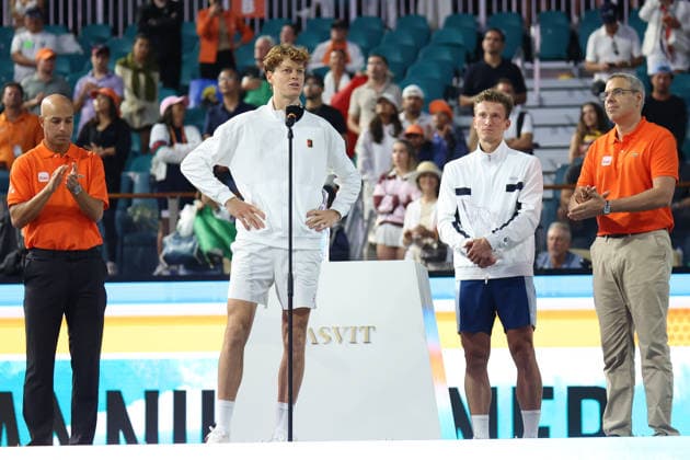 March 29, 2026, Miami Gardens, Florida, USA: JANNIK SINNER (ITA) speaks after his men s singles finals match against JIRI LEHECKA (CZE), at the Miami Open at Hard Rock Stadium in Miami Gardens, Florida. JANNIK SINNER (ITA) won the menÃ¢â‚¬â ¢s singles title after defeating JIRI LEHECKA (CZE) 6:4, 6:4. Miami Gardens USA - ZUMAv151 20260329_zsp_v151_117 Copyright: xLorenzoxVasquezx