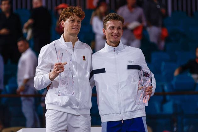 March 29, 2026, Miami Gardens, Florida, USA: Jannik Sinner (ITA) and Jiri Lehecka (CZE) are seen holding the Championship and runnerÃ¢â‚¬â ¢s up trophies at the end of the menÃ¢â‚¬â ¢s singles final match at the 2026 Miami Open presented by Itau at Hard Rock Stadium. Tennis 2026: Miami Open  - ZUMAa257 20260329_zsp_a257_023 Copyright: xChrisxArjoonx