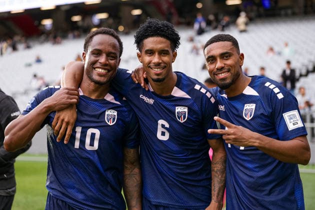 Cape Verde s Jovane Cabral, Cape Verde s Kevin Pina and Cape Verde s Deroy Duarte pose for a photo during Finland v Cape Verde, FIFA series international football match at Eden Park, Auckland, New Zealand on Monday 30 March 2026. Photo credit: Joshua Devenie Copyright: xx