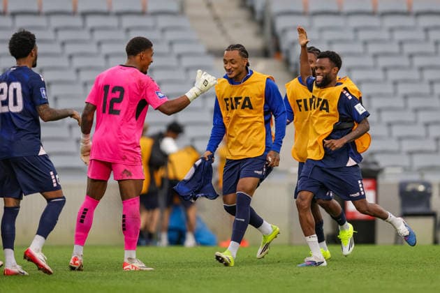 Cape Verde s Marcio Rosa and Cape Verde bench celebrates after winning during Finland v Cape Verde, FIFA series international football match at Eden Park, Auckland, New Zealand on Monday 30 March 2026. Photo credit: Joshua Devenie Copyright: xx