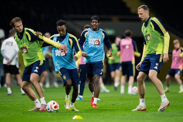 260330 Benjamin Nygren, Taha Abdi Ali, Anthony Elanga and Gustaf Nilsson of the Swedish national football team at a training session on March 30, 2026 in Stockholm Photo Jesper Zerman BILDBYRAN kod JZ JZ0693 fotboll football soccer fotball vm kval kval fifa world cup qualifier qualifier träning practice training sverige sweden sverige a bbeng  Copyright: JESPERxZERMAN BB260330JZ015