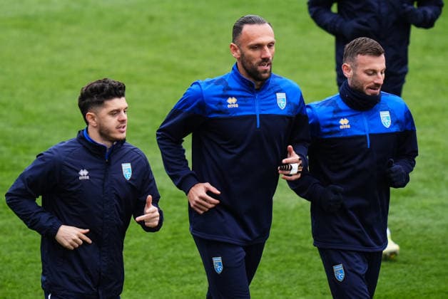 Ahead of Kosovo v Turkiye - 2026 FIFA World Cup, WM, Weltmeisterschaft, Fussball European Qualifiers PRISTINE, KOSOVO - MARCH 30: Milot Rashica (L), Vedat Muriqi (C) and Fidan Aliti (R) of Kosovo attend training session ahead of 2026 FIFA World Cup European Qualifiers playoff round final match between Kosovo and Turkiye at Fadil Vokrri Stadium in Pristine, Kosovo on March 30, 2026. Hakan Akgün Anadolu Pristine Kosovo. Editorial use only. Please get in touch for any other usage.  Copyright: x2026xAnadoluxHakanxAkgünx