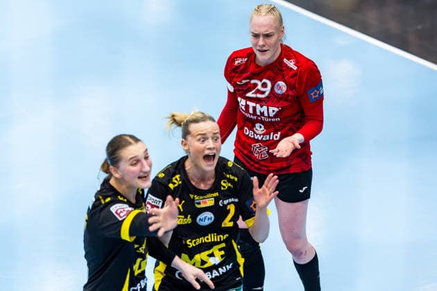 29 03 2026, GER, Handball, Women, Season 2025 2026, EHF European League, Quarter-finals, Thueringer HC Nykobing Falster Handbold Caroline Aar Jakobsen Nykobing Falster Handbold , Johanna Reichert Thueringer HC,29 , Stine Eiberg Jorgensen Nykobing Falster Handbold 99947 Bad Langensalza Salza Halle Sporthalle Mehrz Thüringen Germany