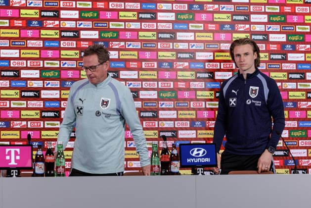 SOCCER - AUT vs KOR, test match VIENNA,AUSTRIA,30.MAR.26 - SOCCER - OEFB international test match, Austria vs South Korea, preview, press conference, PK, Pressekonferenz Team AUT. Image shows head coach Ralf Rangnick and Patrick Wimmer (AUT).  GEPAxpictures xArminxRauthner