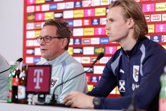 SOCCER - AUT vs KOR, test match VIENNA,AUSTRIA,30.MAR.26 - SOCCER - OEFB international test match, Austria vs South Korea, preview, press conference, PK, Pressekonferenz Team AUT. Image shows head coach Ralf Rangnick and Patrick Wimmer (AUT).  GEPAxpictures xArminxRauthner