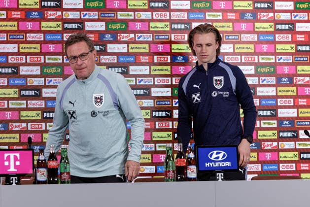 SOCCER - AUT vs KOR, test match VIENNA,AUSTRIA,30.MAR.26 - SOCCER - OEFB international test match, Austria vs South Korea, preview, press conference, PK, Pressekonferenz Team AUT. Image shows head coach Ralf Rangnick and Patrick Wimmer (AUT).  GEPAxpictures xArminxRauthner