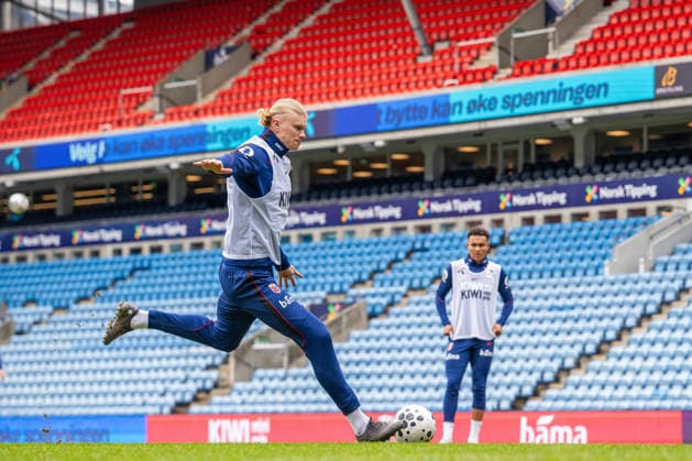 260330 Erling Braut Haaland and Antonio Nusa of the Norwegian national football team during a training session on March 30, 2026 in Oslo Photo Vegard Grott BILDBYRAN kod VG VG0912 bbeng fotball football soccer fotboll norge norway trening träning training practice  Copyright: VEGARDxGRoTT BB260330VG010