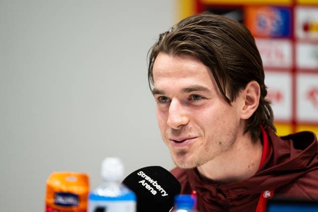 260330 Jakub Kaminski of the Polish national football team at a press conference on March 30, 2026 in Stockholm Photo Jesper Zerman BILDBYRAN kod JZ JZ0695 fotboll football soccer fotball vm kval kval fifa world cup qualifier qualifier presskonferens press conference polen poland bbeng  Copyright: JESPERxZERMAN BB260330JZ062
