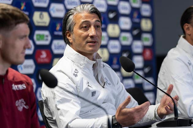 Switzerland national team, Nationalteam training and press conference, PK, Pressekonferenz Head coach Murat Yakin, speaks during a press conference of the Swiss national soccer team, one day before the international soccer match between Norway and Switzerland at the Ullevaal Stadium in Oslo, Norway, 30 March 2026. OSLO Norway  Copyright: xCYRILxZINGAROx
