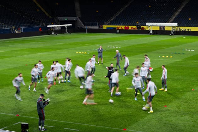 260330 Players of Poland s national football team at a training session on March 30, 2026 in Stockholm Photo Jesper Zerman BILDBYRAN kod JZ JZ0696 fotboll football soccer fotball vm kval kval fifa world cup qualifier qualifier träning practice training polen poland bbeng  Copyright: JESPERxZERMAN BB260330JZ093