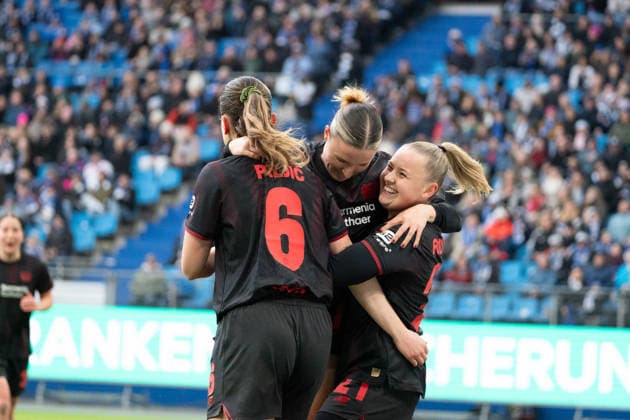 HAMBURG, GERMANY - MARCH 30: Player of Bayer 04 Leverkusen celebrate the goal during the Google Pixel Frauen-Bundesliga between Hamburger SV and Bayer 04 Leverkusen at Stadion Hoheluft on March 30, 2026 in Hamburg, Germany. (Photo by Qianru Zhang Press Photo) Copyright: xQianruxZhang SPPx Sportspressphoto_SPR121789