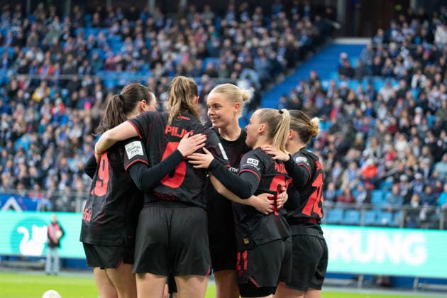 HAMBURG, GERMANY - MARCH 30: Player of Bayer 04 Leverkusen celebrate the goal during the Google Pixel Frauen-Bundesliga between Hamburger SV and Bayer 04 Leverkusen at Stadion Hoheluft on March 30, 2026 in Hamburg, Germany. (Photo by Qianru Zhang Press Photo) Copyright: xQianruxZhang SPPx Sportspressphoto_SPR121790
