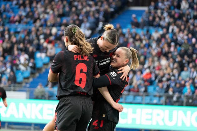 HAMBURG, GERMANY - MARCH 30: Player of Bayer 04 Leverkusen celebrate the goal during the Google Pixel Frauen-Bundesliga between Hamburger SV and Bayer 04 Leverkusen at Stadion Hoheluft on March 30, 2026 in Hamburg, Germany. (Photo by Qianru Zhang Press Photo)  Copyright: xQianruxZhang SPPx Sportspressphoto_SPR121791