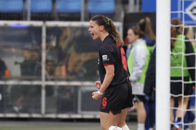 2026 03 30 xfsx Soccer Google Pixel Women Bundesliga Hamburger Sportverein Bayer 04 Leverkusen v l Katharina Piljic Bayer 04 Leverkusen ,6 celebrates the goal to 2 1 for Bayer 04 Leverkusen DFL regulations prohibit any use of photographs as image sequences and or quasi video Copyright: HMBxMedia FernandoxSoares