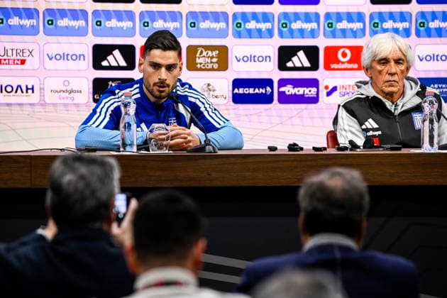 International Friendly, Länderspiel, Nationalmannschaft Matches MD-1 - Greece Head coach of Greece national soccer team Ivan Jovanovic (R) and team captain Giorgos Masouras (L) attend a press conference, PK, Pressekonferenz at Puskas Arena in Budapest, Hungray, 30 March 2026. Greece plays a friendly soccer match against Hungary on 31 March at Puskas Arena. Budapest Hungary  Copyright: xTamasxPurgerx
