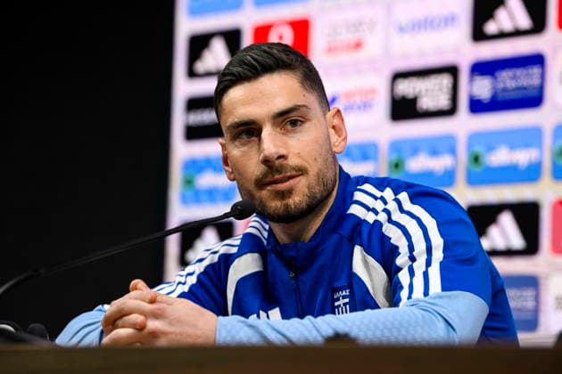 International Friendly, Länderspiel, Nationalmannschaft Matches MD-1 - Greece Team captain of Greece national soccer team Giorgos Masouras attends a press conference, PK, Pressekonferenz at Puskas Arena in Budapest, Hungray, 30 March 2026. Greece plays a friendly soccer match against Hungary on 31 March at Puskas Arena. Budapest Hungary  Copyright: xTamasxPurgerx