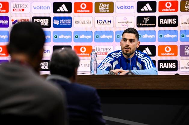 International Friendly, Länderspiel, Nationalmannschaft Matches MD-1 - Greece Team captain of Greece national soccer team Giorgos Masouras attends a press conference, PK, Pressekonferenz at Puskas Arena in Budapest, Hungray, 30 March 2026. Greece plays a friendly soccer match against Hungary on 31 March at Puskas Arena. Budapest Hungary  Copyright: xTamasxPurgerx