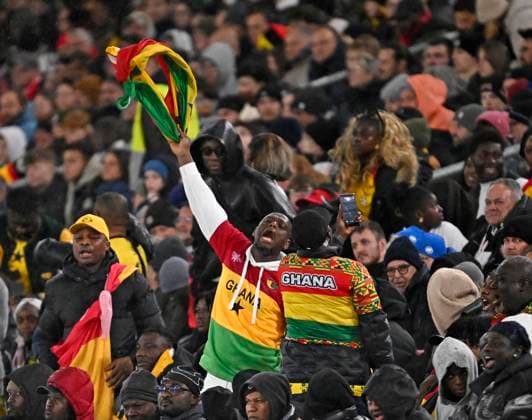30.03.2026, Fussball Freundschafts-Länderspiele 2.Spieltag, Deutschland - Ghana, in der MHP-Arena Stuttgart (Deutschland). Die Fans aus Ghana feuern ihre Mannschaft an, *** 30 03 2026, Football friendly international 2 match day, Germany Ghana, in the MHP Arena Stuttgart Germany The fans from Ghana cheer on their team,