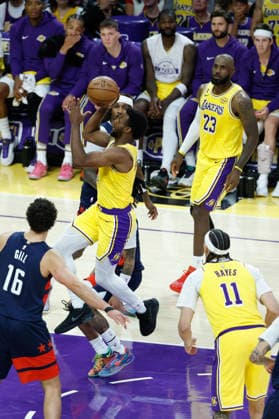 LOS ANGELES, CA - MARCH 30: Los Angeles Lakers guard Bronny James (9) drives to the basket during the Washington Wizards vs Los Angeles Lakers game on March 30, 2026, at Crypto.com Arena in Los Angeles, CA. (Photo by Jevone Moore Icon Sportswire) NBA, Basketball Herren, USA MAR 30 Washington Wizards at Los Angeles Lakers EDITORIAL USE ONLY Icon20260330009