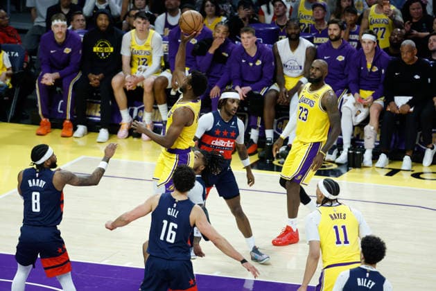 LOS ANGELES, CA - MARCH 30: Los Angeles Lakers guard Bronny James (9) drives to the basket during the Washington Wizards vs Los Angeles Lakers game on March 30, 2026, at Crypto.com Arena in Los Angeles, CA. (Photo by Jevone Moore Icon Sportswire) NBA, Basketball Herren, USA MAR 30 Washington Wizards at Los Angeles Lakers EDITORIAL USE ONLY Icon20260330011