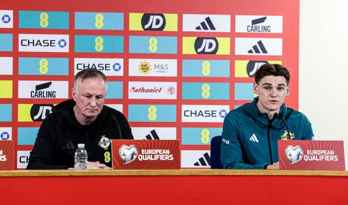 Northern Ireland press conference, PK, Pressekonferenz Cardiff City Stadium, Wales 30 3 2026 Head Coach Micheal O™Neill and Justin Devenny Micheal O™Neill and Justin Devenny 30 3 2026  Copyright: x INPHO Presseye WilliamxCherryx N Ireland Presser_003