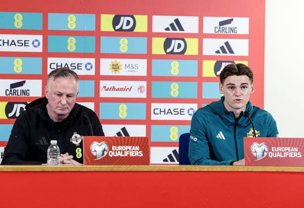Northern Ireland press conference, PK, Pressekonferenz Cardiff City Stadium, Wales 30 3 2026 Head Coach Micheal O™Neill and Justin Devenny Micheal O™Neill and Justin Devenny 30 3 2026  Copyright: x INPHO Presseye WilliamxCherryx N Ireland Presser_004