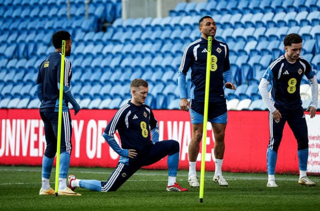 Northern Ireland Squad Training, Cardiff City Stadium, Wales 30 3 2026 George Saville and Josh Magennis George Saville and Josh Magennis 30 3 2026  Copyright: x INPHO Presseye WilliamxCherryx N Ireland Training_033