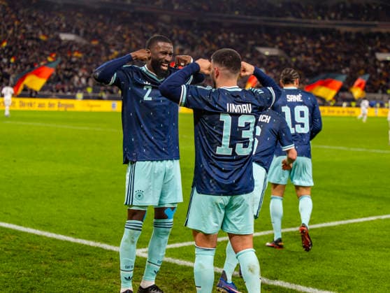 30 03 2026, Football friendly international 2 match day, Germany Ghana, in the MHP Arena Stuttgart Germany Goal celebration Deniz Undav right, Germany with Antonio Rüdiger left, Germany