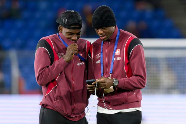 Breel Embolo, re. Denis Zakaria, SUI, Schweiz - Deutschland, Nationalmannschaft, Fussball, 27.03.2026 *** Breel Embolo, re Denis Zakaria, SUI, Switzerland Germany, National team, Football, 27 03 2026 