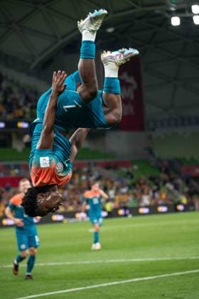 March 31, 2026, Melbourne, Victoria, Australia: Socceroos Forward (7) NESTORY IRANKUNDA (Watford) does a backflip celebration during the second half of the FIFA Series 2026 2nd Round match between Australia and Curacao at AAMI Park Melbourne Australia - ZUMAf186 20260331_zsp_f186_119 Copyright: xJamesxForresterx