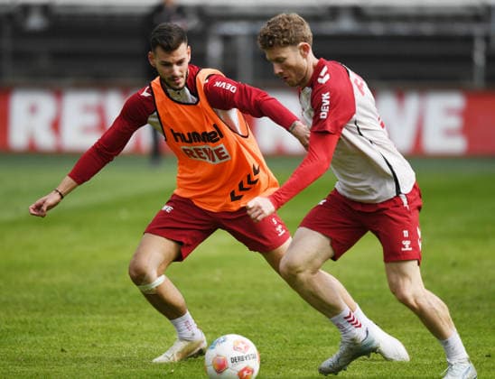30.03.2026, xophax, Fussball 1.Bundesliga, Köln,Cologne 1.FC Koeln . Training . Länderspielpause. Tom Krauss ,links und Florian Kainz , rechts ( beide 1.FC Köln ) Koeln *** 30 03 2026, xophax, Soccer 1 Bundesliga, Cologne,Cologne 1 FC Koeln Training international break Tom Krauss ,left and Florian Kainz , right both 1 FC Köln Koeln