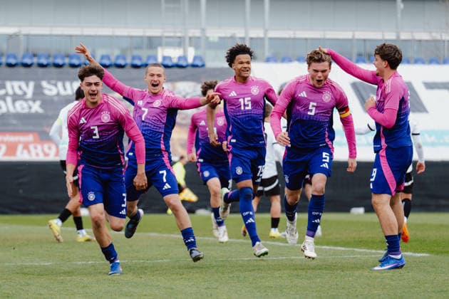 SOCCER - UEFA U19 EURO quali, AUT vs GER WIENER NEUSTADT,AUSTRIA,31.MAR.26 - SOCCER - UEFA European Under-19 Championship 2026, qualifiers, OEFB under-19 international match, Länderspiel, Nationalmannschaft Austria vs Germany. Image shows ther rejoicing of Maximilian Theuer (GER), Yil Gashi (GER), Dahrel Armani Tchitchi (GER), Ben Hawighorst (GER) and Alexander Staff (GER).  GEPAxpictures xAlexanderxSolc