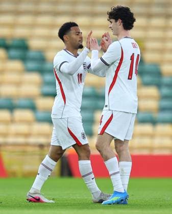 Ethan Nwaneri of England U21, U 21 s celebrates scoring the opening goal with Archie Gray Junior of England u21 s England U21 v Moldova U21, UEFA U21 Championship Qualifiers, Group D, Football, Carrow Road, Norwich, UK - 31 Mar 2026Norwich Carrow Road United Kingdom EDITORIAL USE ONLY No use with unauthorised audio, video, data, fixture lists, club league logos or live services. Online in-match use limited to 120 images, no video emulation. No use in betting, games or single club league player publications. Copyright: xMichaelxZemanek Shutterstockx 16808980q