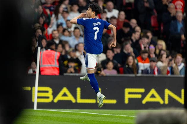 Football - International Friendly, Länderspiel, Nationalmannschaft - England v Japan LONDON, ENGLAND - Tuesday, March 31, 2026: Japan s Kaoru Mitoma celebrates after scoring the first goal during an International Friendly match between England and Japan at Wembley Stadium. (Photo by David Rawcliffe Propaganda) LONDON Wembley Stadium GREATER LONDON ENGLAND  Copyright: xDavidxRawcliffex P2026-03-31-England_Japan-27
