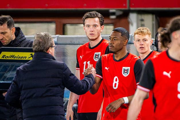 SOCCER - AUT vs KOR, test match VIENNA,AUSTRIA,31.MAR.26 - SOCCER - OEFB international test match, Austria vs South Korea. Image shows head coach Ralf Rangnick, Michael Gregoritsch, David Alaba and Nicolas Seiwald (AUT).  GEPAxpictures xKevinxHackner