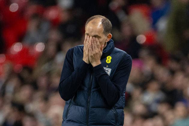 Football - International Friendly, Länderspiel, Nationalmannschaft - England v Japan LONDON, ENGLAND - Tuesday, March 31, 2026: England s head coach Thomas Tuchel with his head in his hands during an International Friendly match between England and Japan at Wembley Stadium. (Photo by David Rawcliffe Propaganda) LONDON Wembley Stadium GREATER LONDON ENGLAND  Copyright: xDavidxRawcliffex P2026-03-31-England_Japan-94