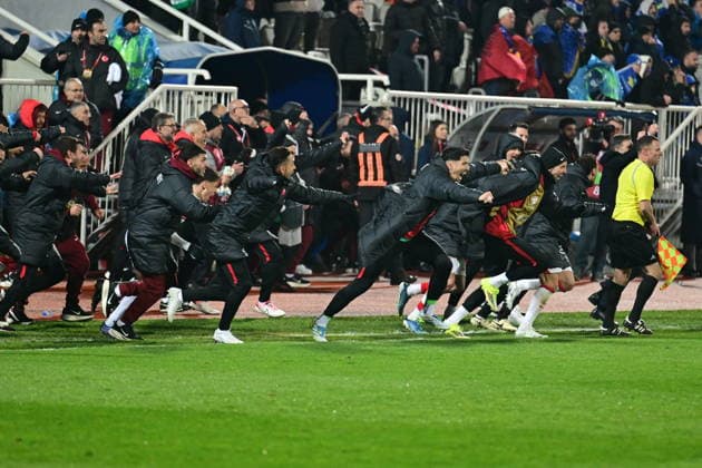 Kosovo v Turkiye - 2026 FIFA World Cup, WM, Weltmeisterschaft, Fussball European Qualifiers PRISTINA, KOSOVO - MARCH 31: Players of Turkiye celebrates after winning the 2026 FIFA World Cup Europe Qualifiers play-off final match between Kosovo and Turkiye at the Fadil Vokrri Stadium in Pristina, Kosovo, on March 31, 2026. Serhat Cagdas Anadolu Pristina Kosovo. Editorial use only. Please get in touch for any other usage.  Copyright: x2026xAnadoluxSerhatxCagdasx