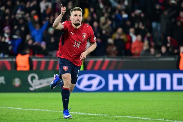 Michal Sadilek (CZE) gestures after scoring the winning goal in the penalty shootout in the final match of the World Cup qualification play-off Czechia against Denmark, in Prague, Czech Republic, on March 31, 2026. (CTKxPhoto MichalxKamaryt) CTKPhotoP2026033110560  CTKPhotoP2026033110560