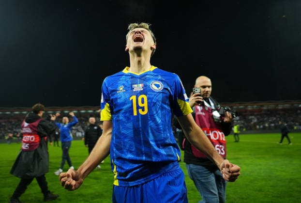 FIFA World Cup, WM, Weltmeisterschaft, Fussball 2026 European playoffs - Bosnia and Herzegovina vs Italy Kerim Alajbegovic of Bosnia and Herzegovina celebrates after the team won the penalty shoout-out in the FIFA World Cup 2026 European playoff match between Bosnia and Herzegovina and Italy in Zenica, Bosnia and Herzegovina, 31 March 2026. Zenica Bosnia And Herzegovina  Copyright: xNIDALxSALJICx