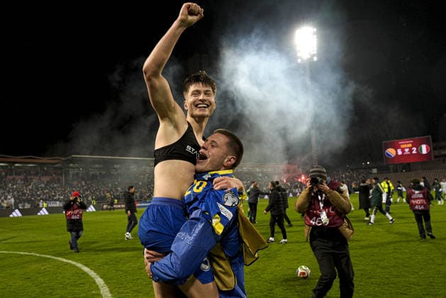 Bosnia and Herzegovina v Italy - 2026 FIFA World Cup, WM, Weltmeisterschaft, Fussball Qualification ZENICA, BOSNIA AND HERZEGOVINA - MARCH 31: Bosnia-Herzegovina s Esmir Bajraktarevic celebrates after winning the FIFA World Cup 2026 European qualification final football match between Bosnia - Herzegovina and Italy at the Bilino-Polje stadium in Zenica on March 31, 2026. Samir Jordamovic Anadolu Zenica Bosnia and Herzegovina. Editorial use only. Please get in touch for any other usage.  Copyright: x2026xAnadoluxSamirxJordamovicx
