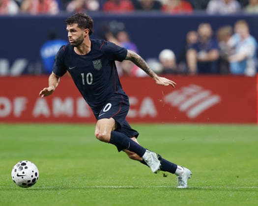 Forward Christian Politic 10 of the United States dribbles with the ball during the game against Portugal in an International Friendly, Länderspiel, Nationalmannschaft at Mercedes Benz Stadium on Tuesday, March 31, 2026 in Atlanta, Georgia.  ATL20260331001 MikexZarrilli