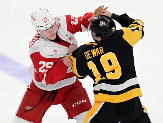 Pittsburgh Penguins center Connor Dewar (19) and Detroit Red Wings defenseman Jacob Bernard-Docker (25) fights during the first period at PPG Paints Arena in Pittsburgh on Tuesday, March 31, 2026.  PIT2026033106 ARCHIExCARPENTER