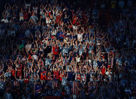 Fans of the United States chant during the International Friendly, Länderspiel, Nationalmannschaft match against Portugal at Mercedes Benz Stadium on Tuesday, March 31, 2026 in Atlanta, Georgia.  ATL20260331018 MikexZarrilli