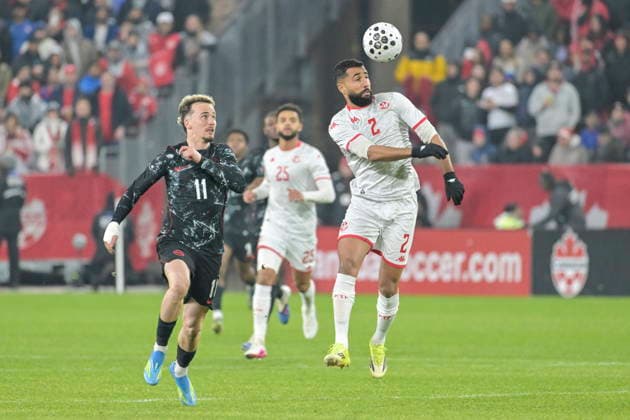 Soccer International Friendly, Länderspiel, Nationalmannschaft - Canada vs Tunisia Liam Millar of Canada (L) in action against Ali Abdi of Tunisia (R) during the international friendly soccer match between Canada and Tunisia in Toronto, Canada, 31 March 2026. Toronto ONTARIO Canada  Copyright: xEDUARDOxLIMAx