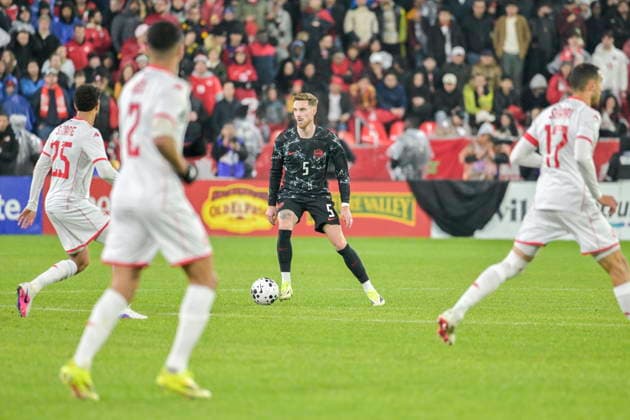 Soccer International Friendly, Länderspiel, Nationalmannschaft - Canada vs Tunisia Joel Waterman (C) of Canada in action during the international friendly soccer match between Canada and Tunisia in Toronto, Canada, 31 March 2026. Toronto ONTARIO Canada  Copyright: xEDUARDOxLIMAx