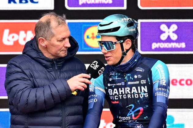 Dwars door Vlaanderen 2026 Cycling Race WAREGEM, BELGIUM - APRIL 01 : Segaert Alec (BEL) of Bahrain - Victorious during the 80th edition of Dwars door Vlaanderen an UCI World Tour 1.UWT one day cycling road race for Men Elite of 184 km with start in Roeselare and finish in Waregem on April 1, 2026 in Waregem, Belgium, 01 04 2026 ( Motordriver Kenny Verfaillie - Waregem Belgium  Copyright: xTomasxSiskx