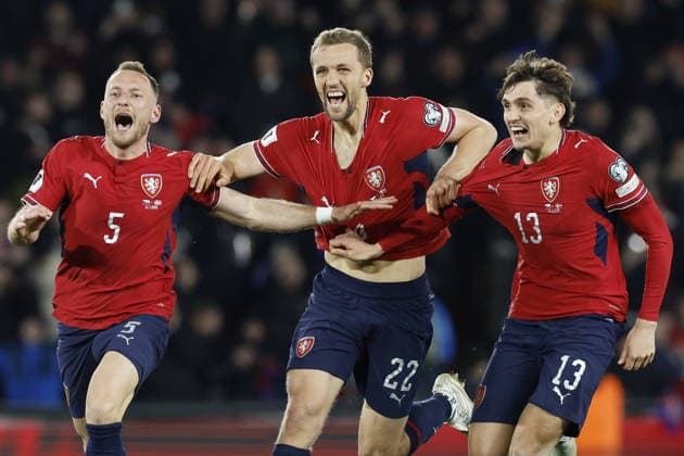 The final match of the World Cup qualification play-off Czechia against Denmark, in Prague, Czech Republic, on March 31, 2026. Vladimir Coufal, Tomas Soucek, Mojmir Chytil (CZE) celebrate victory in the match. (CTKxPhoto PavelxLebeda) CTKPhotoF202604010008801  CTKPhotoF202604010008801