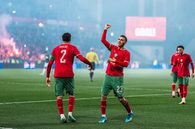 FOOTBALL - FRIENDLY GAME - MOROCCO v PARAGUAY Bilal El Khannouss of Morocco celebrating his goal with Achraf Hakimi of Morocco during the Friendly football match between Morocco and Paraguay on 31 March 2026 at Stade Bollaert-Delelis in Lens, France Lens France
